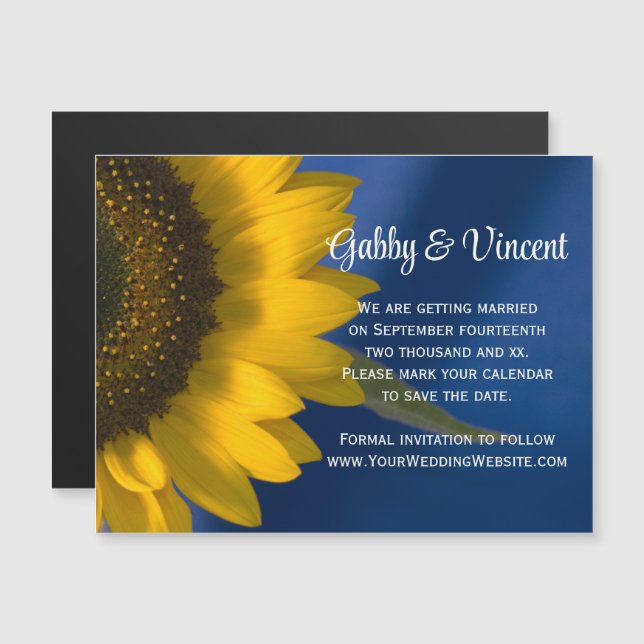 Invitation Magnétique Tournesol jaune sur mariage bleu Enregistrer la da (Devant / Derrière)