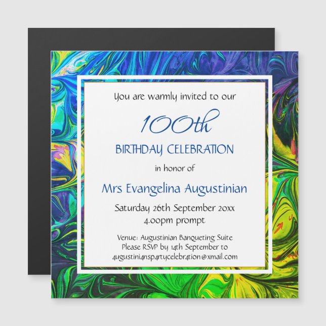 Invitation Magnétique TOUT ÂGE Bleu Abstrait Personnalisable Anniversair (Devant / Derrière)