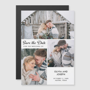 Invitation Magnétique Trois photos sauvez la date   Noir et blanc