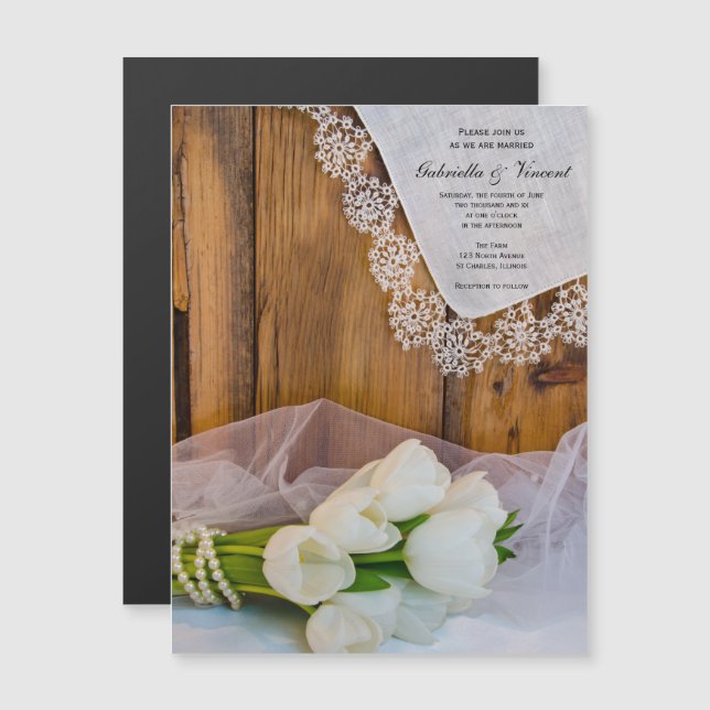 Invitation Magnétique Tulipes blanches rustiques Mariage de la grange (Devant / Derrière)