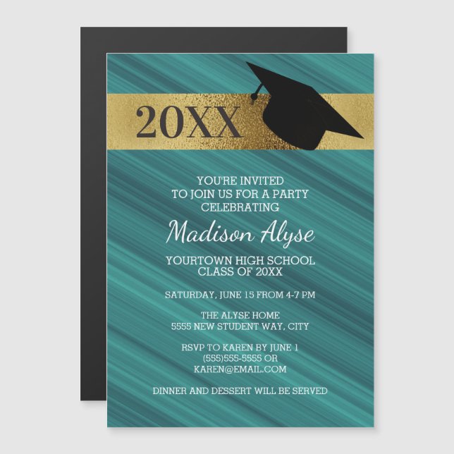 Invitation Magnétique Turquoise Gold Black Graduation Party (Devant / Derrière)
