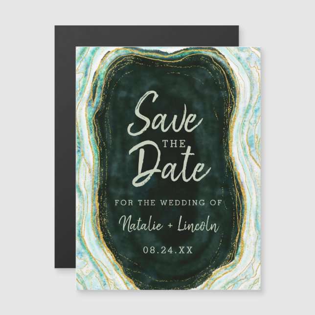 Invitation Magnétique Turquoise Green & Gold Agate Wedding Enregistrer l (Devant / Derrière)