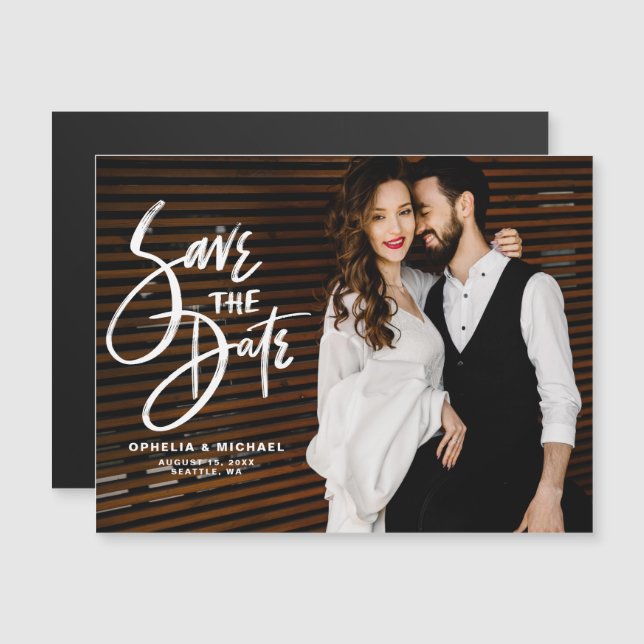 Invitation Magnétique Typographie du script de pinceau blanc Enregistrer (Devant / Derrière)