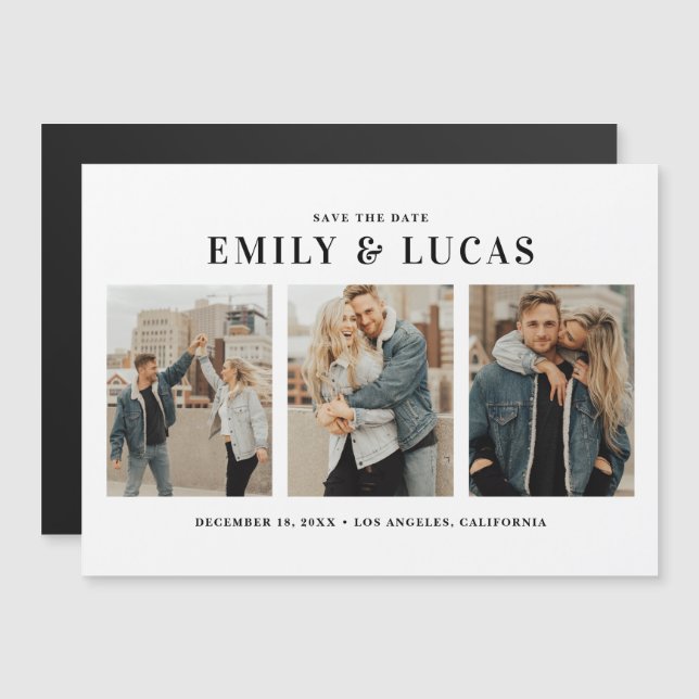 Invitation Magnétique Typographie noire Trois photos Collage Enregistrer (Devant / Derrière)