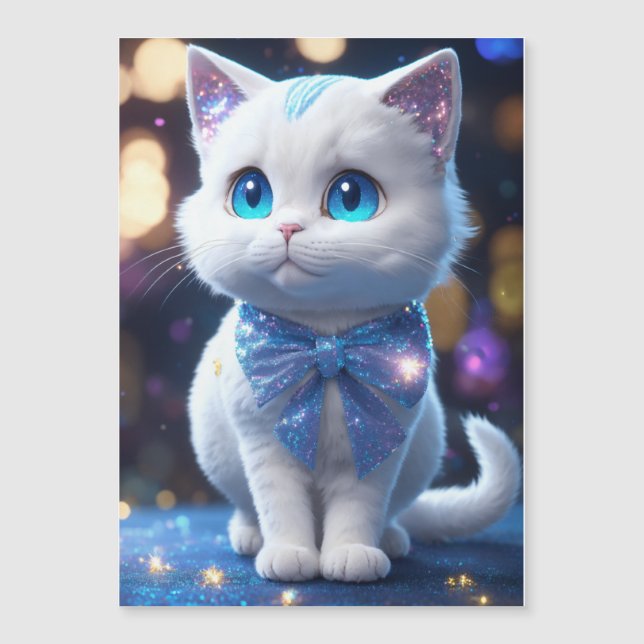 Invitation Magnétique Un chat mignon avec un boite en argent bleu (Devant)