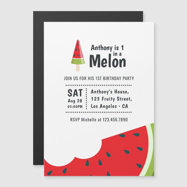 Invitation Magnétique Un dans un Melon Premier anniversaire fête (Devant / Derrière)
