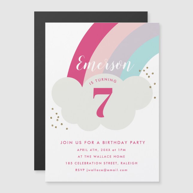 Invitation Magnétique Unicorn nuage arc-en-ciel enfant anniversaire (Devant / Derrière)
