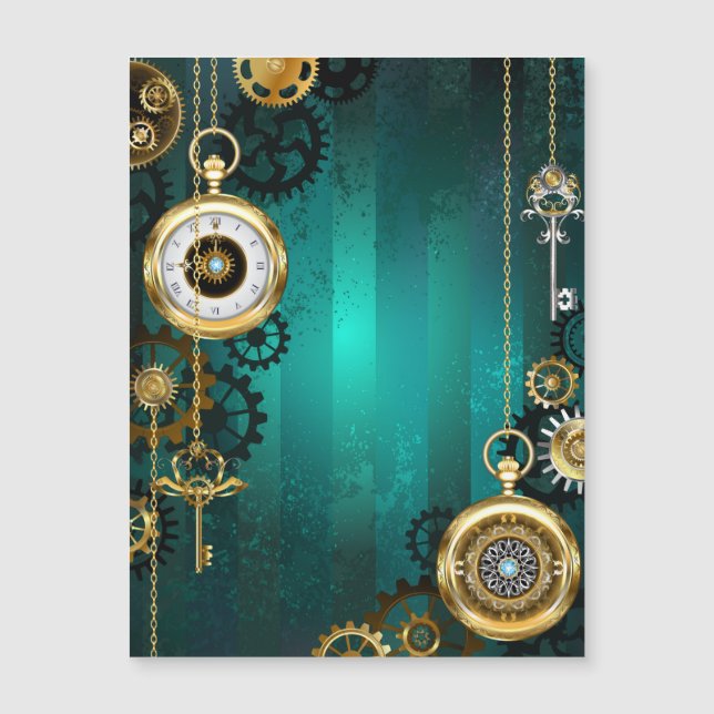 Invitation Magnétique Veille bijoux Steampunk sur un Arrière - plan vert (Devant)
