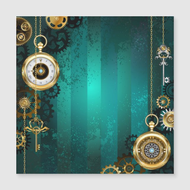 Invitation Magnétique Veille bijoux Steampunk sur un Arrière - plan vert (Devant)