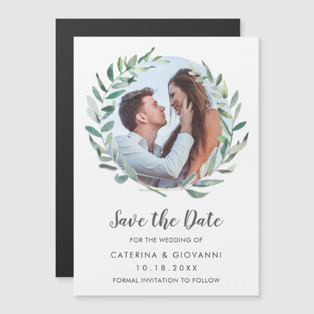 Invitation Magnétique Verdure rustique Wreath Photo Wedding Enregistrer  (Devant / Derrière)