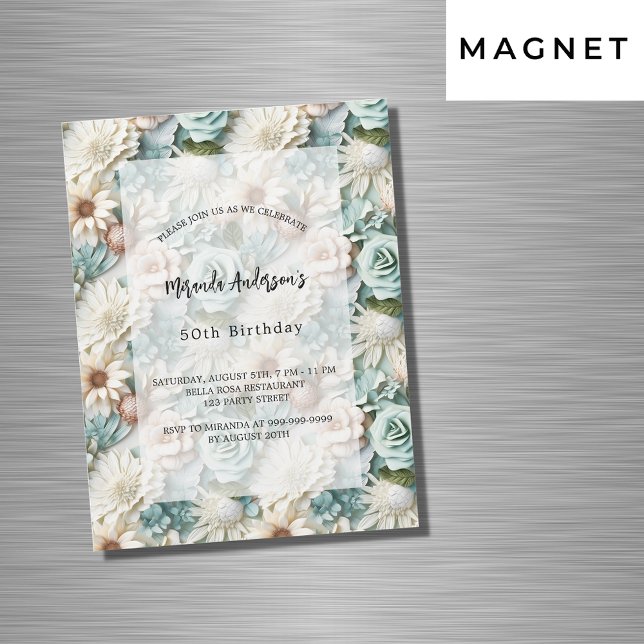 Invitation Magnétique Vert poussiéreux de luxe floral blanc pour anniver (Créateur téléchargé)