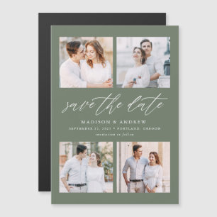 Invitation Magnétique Vert Sauge Élégant Script 4 Photo Save The Date