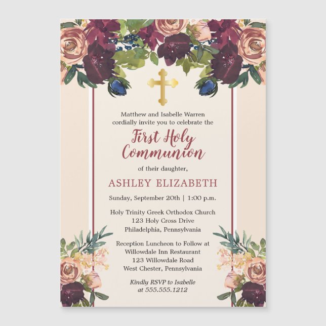 Invitation Magnétique Violet | Aquarelle florale Blush Communion Invit (Devant)