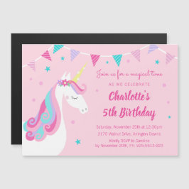 Invitation Magnétique Whimsical Rainbow Unicorn PInk 5e fête d'anniversa
