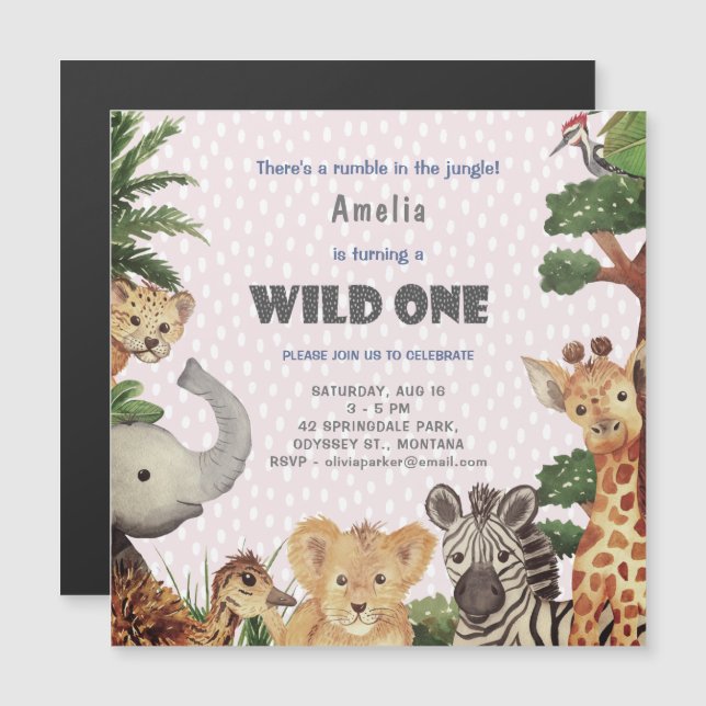 Invitation Magnétique Wild One Jungle Safari bébé fille fête d'anniversa (Devant / Derrière)
