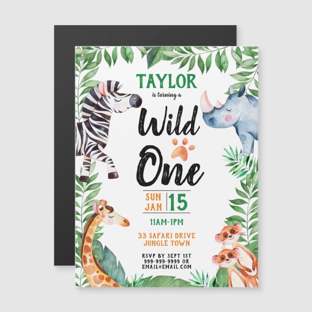 Invitation Magnétique Wild One Safari Animaux Enfants 1er anniversaire (Devant / Derrière)