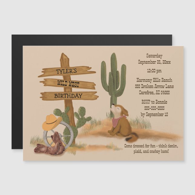 Invitation Magnétique Wild West Boys Rustic Kid's Fun Thin Magnetic Card (Devant / Derrière)