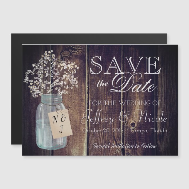 Invitation Magnétique Wood Rustic Country Barne Mariage Date de sauvegar (Devant / Derrière)