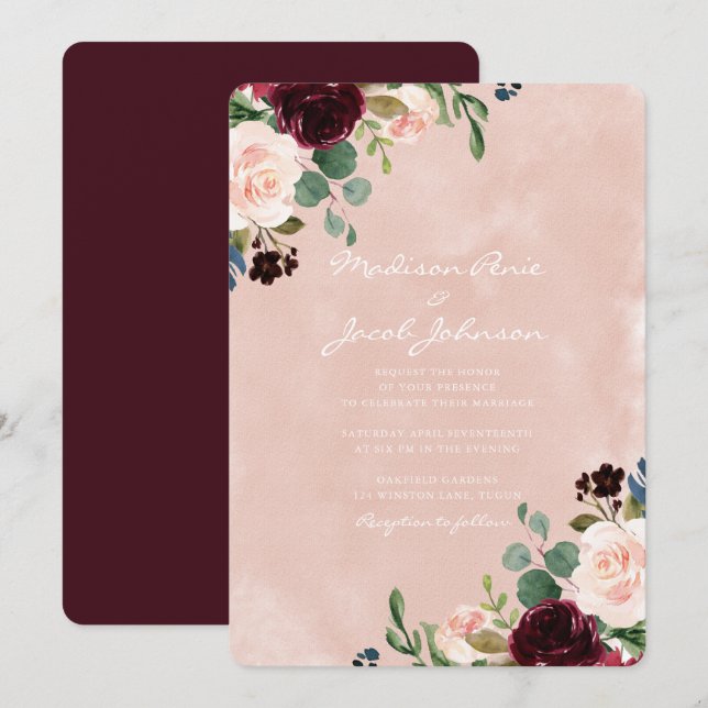 Invitation Magnifique Aquarelle Blush Mariage rouge Bourgogne (Devant / Derrière)
