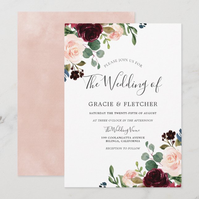 Invitation Magnifique Blush & Fleurs Bourgognes Mariage éléga (Devant / Derrière)