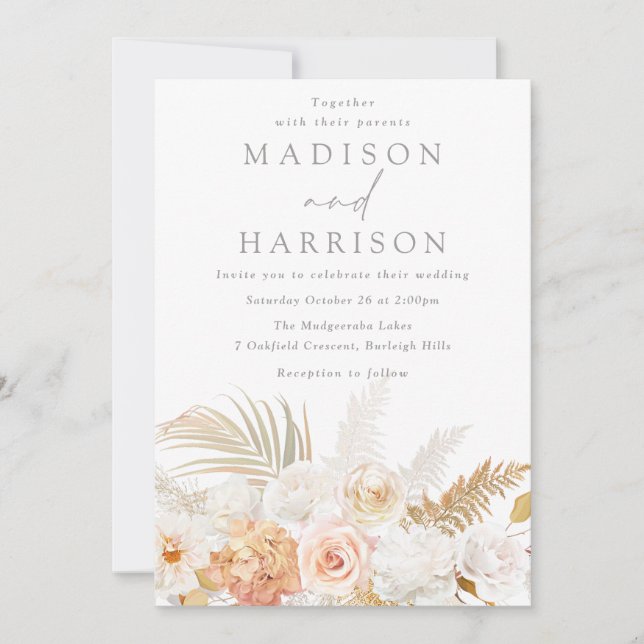 Invitation Magnifique Blush moderne or & blanc Mariage floral (Devant)