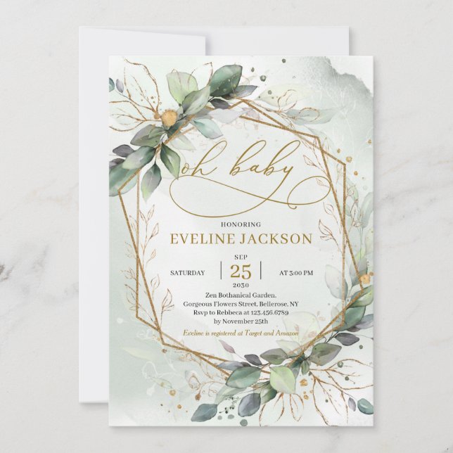 Invitation Magnifique boho vert feuille or oh bébé (Devant)