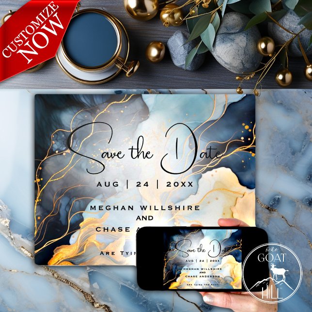 Invitation Magnifique Indigo Blue et Gold Abstrait (Easy to Customize Template )