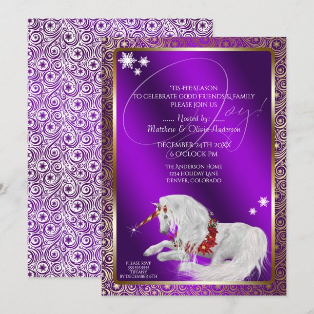 Invitation Magnifique Licorne de Noël Fantastique Joie Violet (Devant / Derrière)