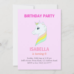 Invitation Magnifique Licorne pour une fête d'anniversaire 6 