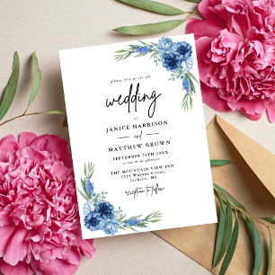 Invitation Magnifique mariage floral bleu poussiéreux