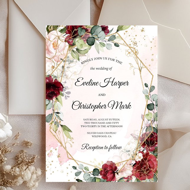 Invitation Magnifique merlot rouge profond or mariage géométr (Boho blush burgundy pink and gold geometric wedding invitation )