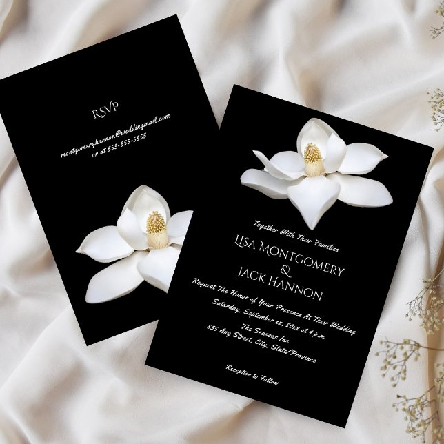 Invitation Magnolia Blanc Elégant Mariage Noir Blanc Floral (White Magnolia Elegant Wedding Black White Floral Invitation)