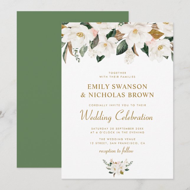 Invitation magnolia blanche et mariage floral rose (Devant / Derrière)