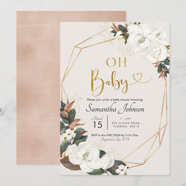 Invitation Magnolia blanche géométrique Oh Baby shower bébé (Devant / Derrière)