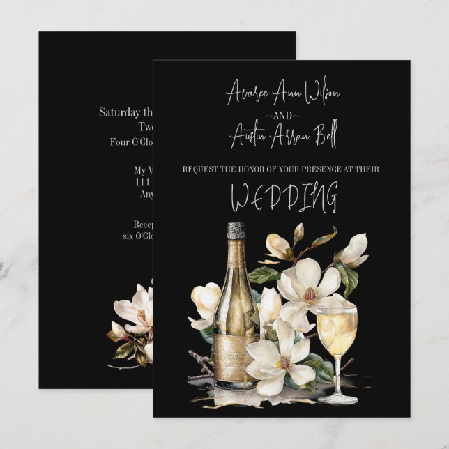 Invitation Magnolia Champagne et lunettes Texte blanc (Devant / Derrière)