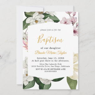 Invitation Magnolia Élégant   Baptême Blanc et Rose 