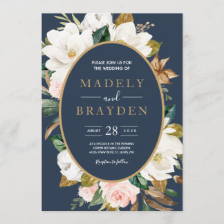 Invitation Magnolia Élégant Fleur Rose Navy Neutre