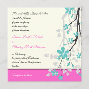 Invitation Magnolia fleurs turquoise, mariage rose chaud
