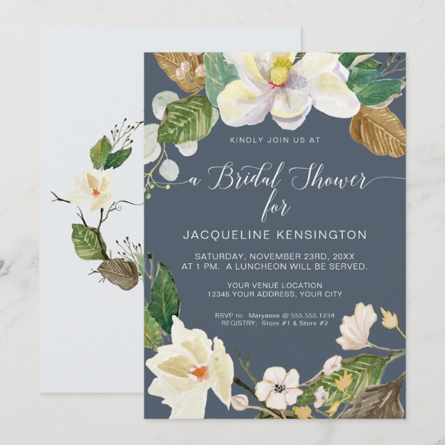 Invitation Magnolia Floral Aquarelle Feuillage Dusty Blue Nav (Devant / Derrière)