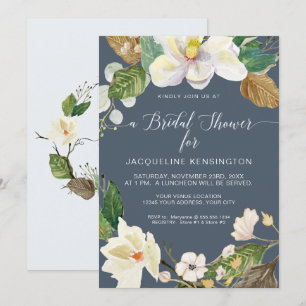 Invitation Magnolia Floral Aquarelle Feuillage Dusty Blue Nav