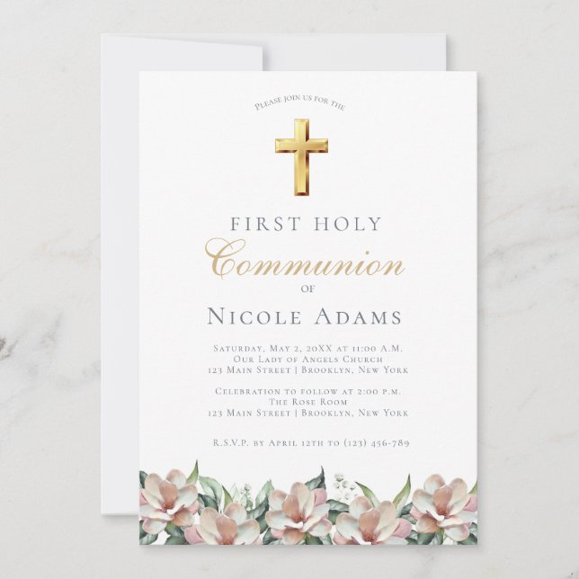 Invitation Magnolia Floral First Communion  (Devant)