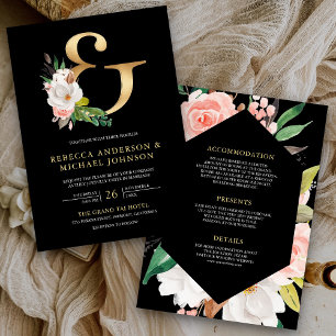 Invitation Magnolia Floral Ordoré Ampersand Mariage Noir
