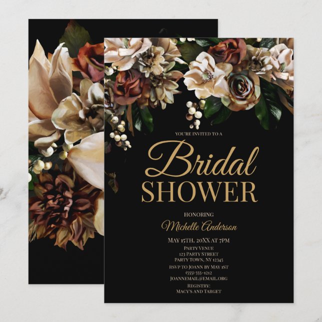 Invitation Magnolia Gold et Black Floral Fête de l'mariée (Devant / Derrière)
