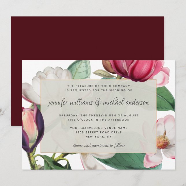 Invitation Magnolia Romantique Fleurit Élégant Floral (Devant / Derrière)