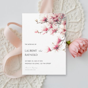 Invitation Magnolia Rose Pâle Aquarelle Botanique Mariage 