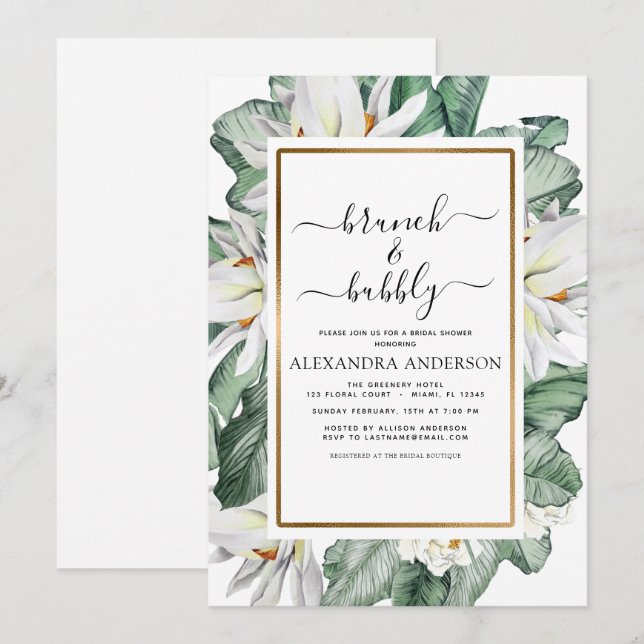 Invitation Magnolia Tropical Brunch & Fête des mariées Bubbly (Devant / Derrière)