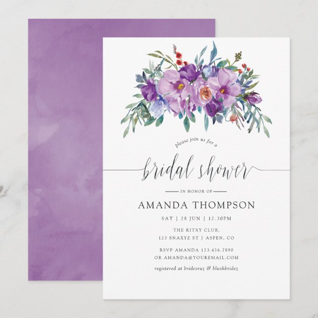 Invitation Magnolia violet et Fête des mariées Rose d'aquarel (Devant / Derrière)