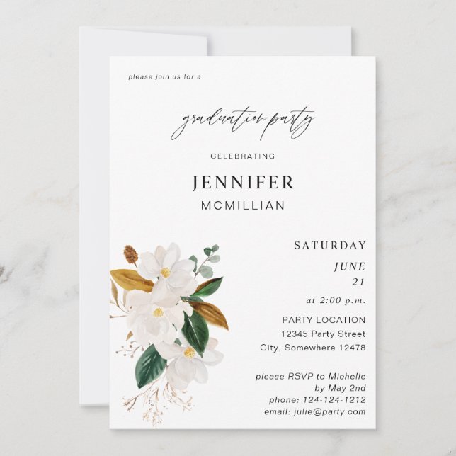 Invitation Magnolia White Floral Gradauation Party (Devant)
