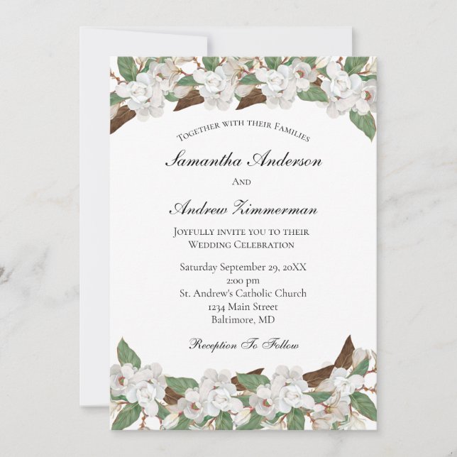 Invitation Magnolias Blanc Floral Formel Mariage élégant (Devant)