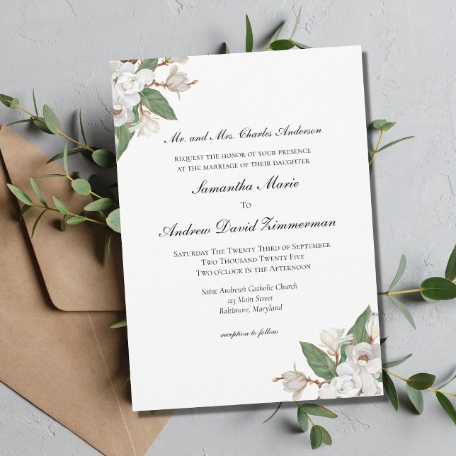 Invitation Magnolias Blanc Floral Formel Mariage élégant (Créateur téléchargé)